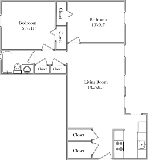 Floor plan for 2 beds, 1 bath, 881 sqft